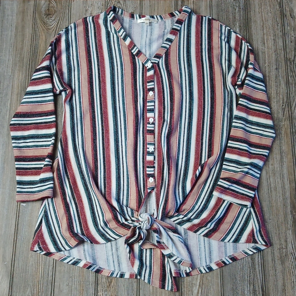 Andree Striped Soft Warm Cozy Lightweight Flowy Button Tie Detail Blouse Top